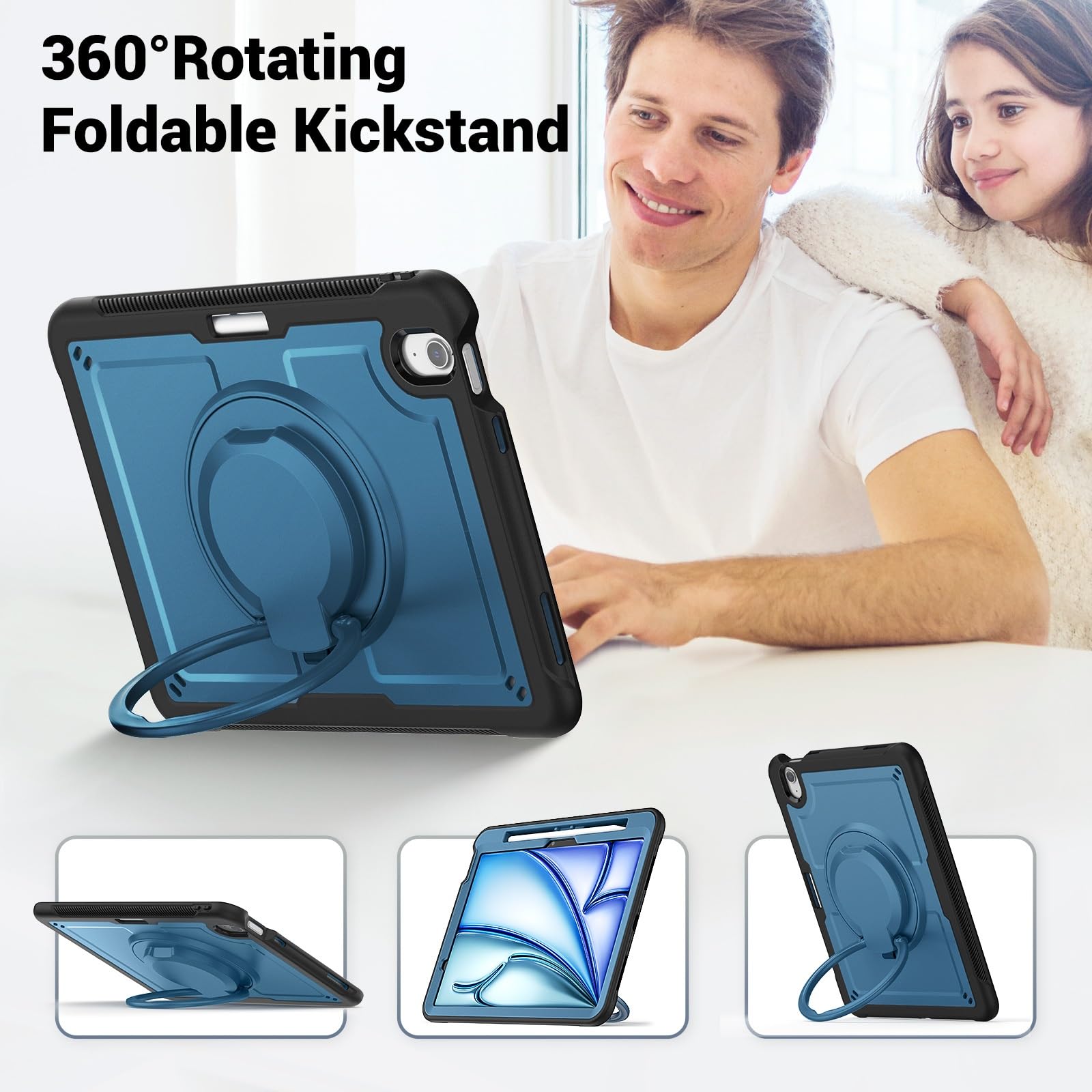 Hülle kompatibel mit iPad Air 11 M2 2024 Zoll, Stifthalter & Ständer & Schultergurt, Militärqualität, robuste, stoßfeste for 6. Generation(Navy Blue)