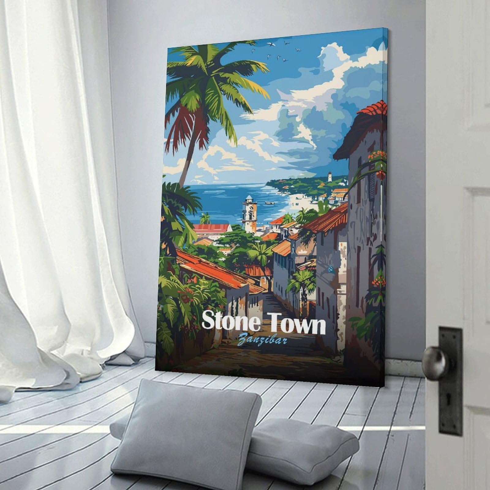 Junmoney Wall Decor Canvas Print Stone Town Zanzibar, 24x36inch(60x90cm), for Study, Office Or Focused Interiors, Wall Art That Adds Style to Work Areas