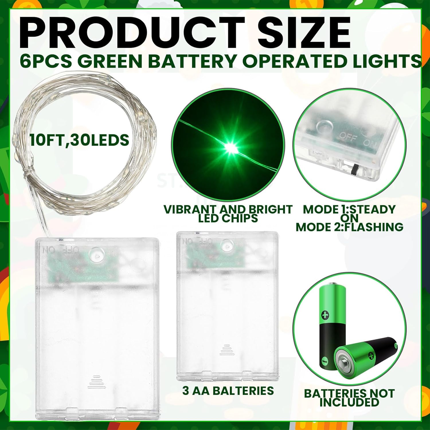 VIHOSE 6 Pack St Patrick's Day Decorations 10ft 30 LED Green Fairy String Lights Lime Green Fairy Lights Battery Operated Copper Wire for Twinkle Mason Jar Firefly St Patrick's Day Party Decor - Image 2
