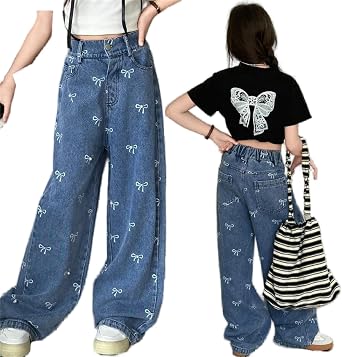 Kids Girls Bow Print Wide Leg Casual Jeans Size 5-14 yrs
