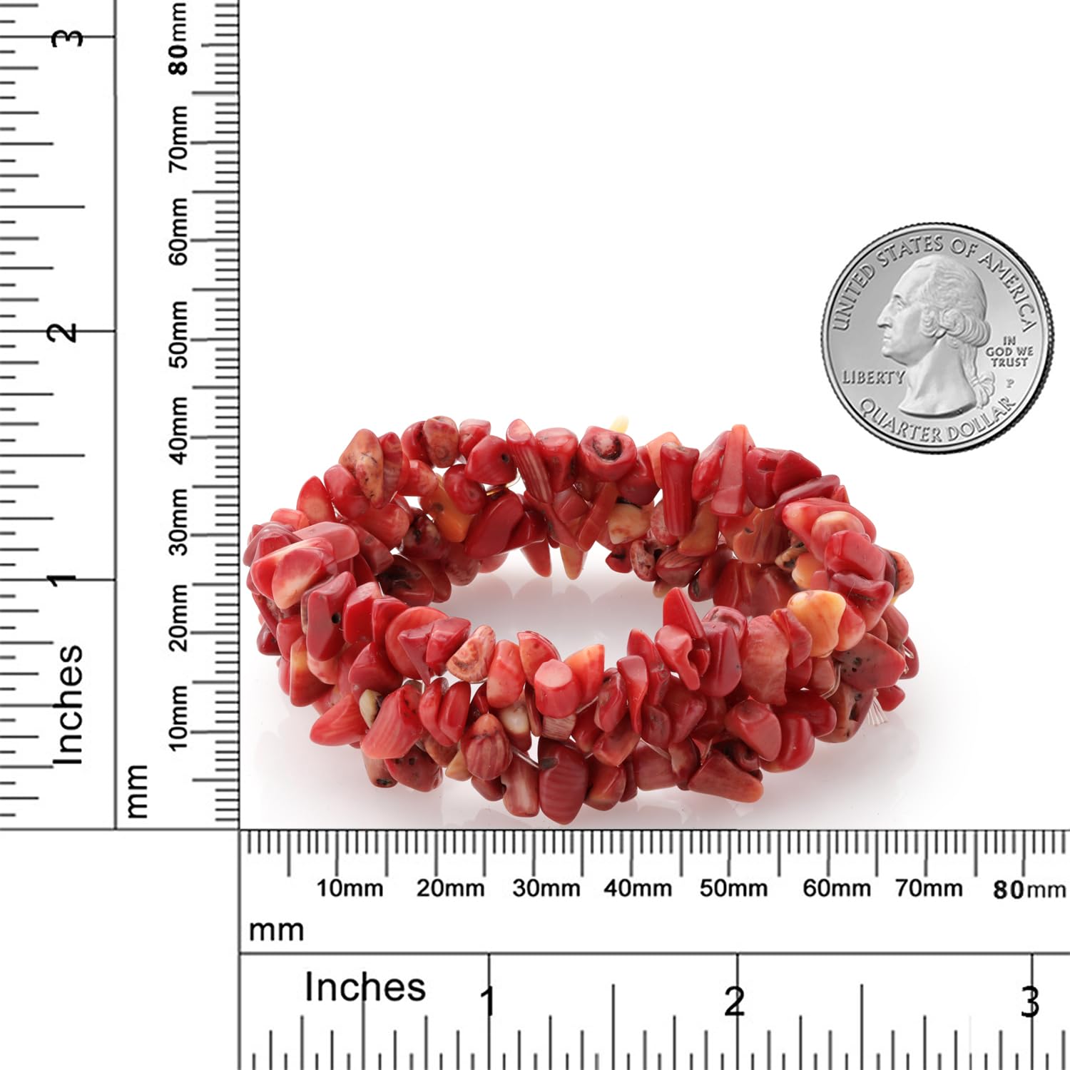 Gem Stone King 8 Inch Multi Strands Red Simulated Coral Stone Chips Stretch Bangle Bracelet For Women - Image 5