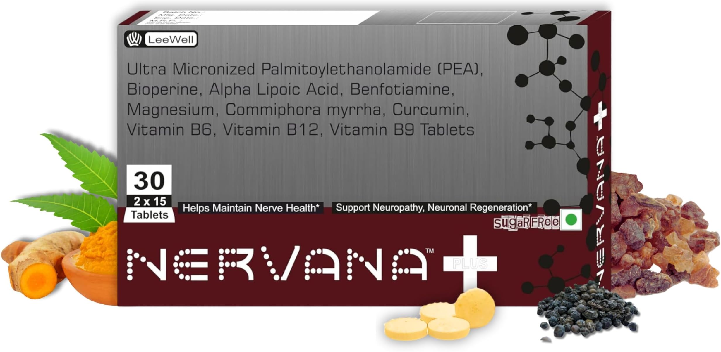 Plus Chewable Alpha Lipoic Acid, Palmitoylethanolamide, Benfotiamine Supplement | Nerve Pain, Nerve damage, Nerve weakness, Nerve Blocks, Sciatica Pain, Tingling Sensation support | Curcumin, Bioperine, Commiphora Myrrha, Magnesium glycinate, Vitamin B12, B6, B9 & B1 - 30 sugar free tablets