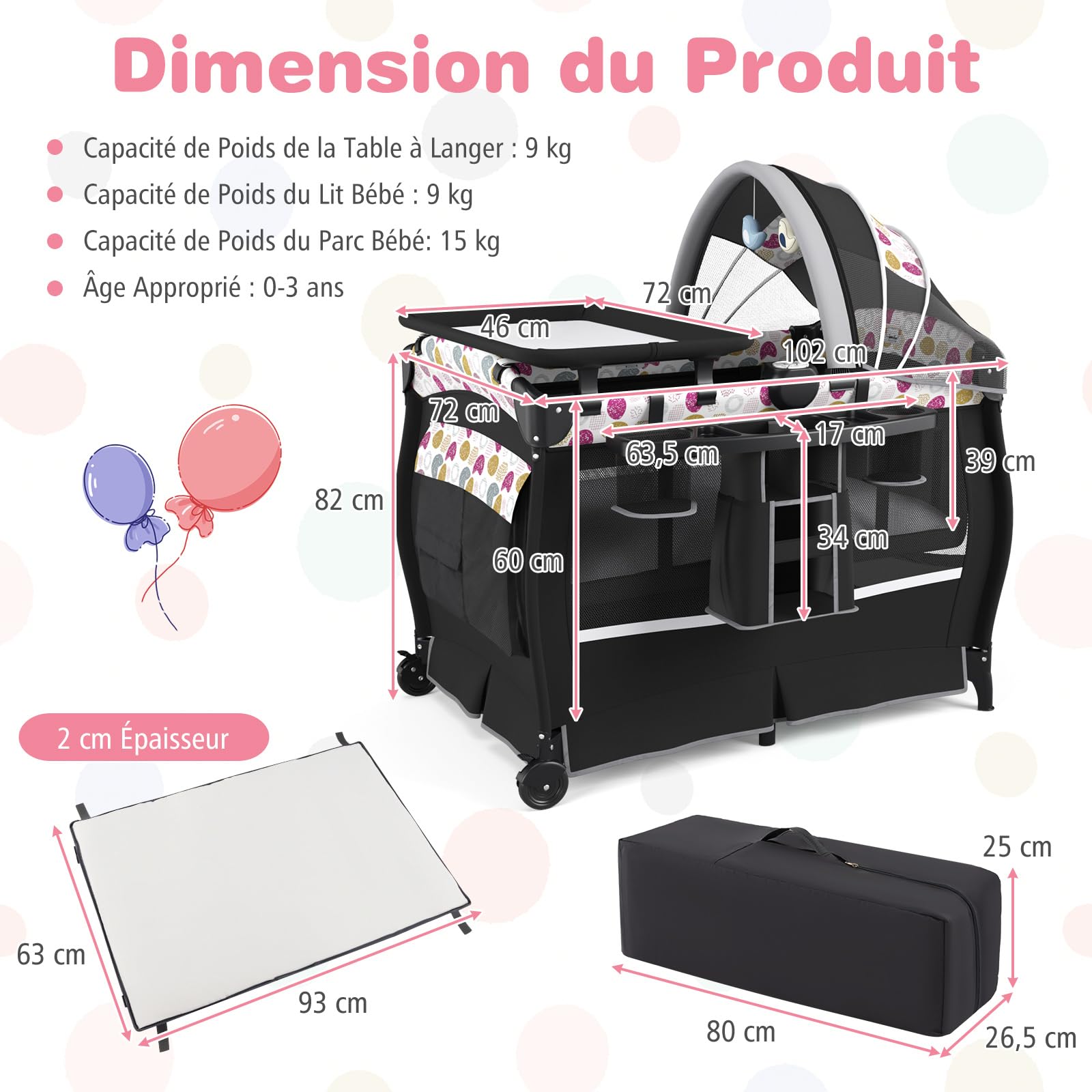 COSTWAY Lit Parapluie Bébé avec Matelas & Table à Langer Escamotable, Lit Bébé Évolutif avec Boîte à Musique & Jouets Suspendus, Auvent Réglable, Lit de Voyage pour 0-36 Mois (Cercles colorés,Noir)
