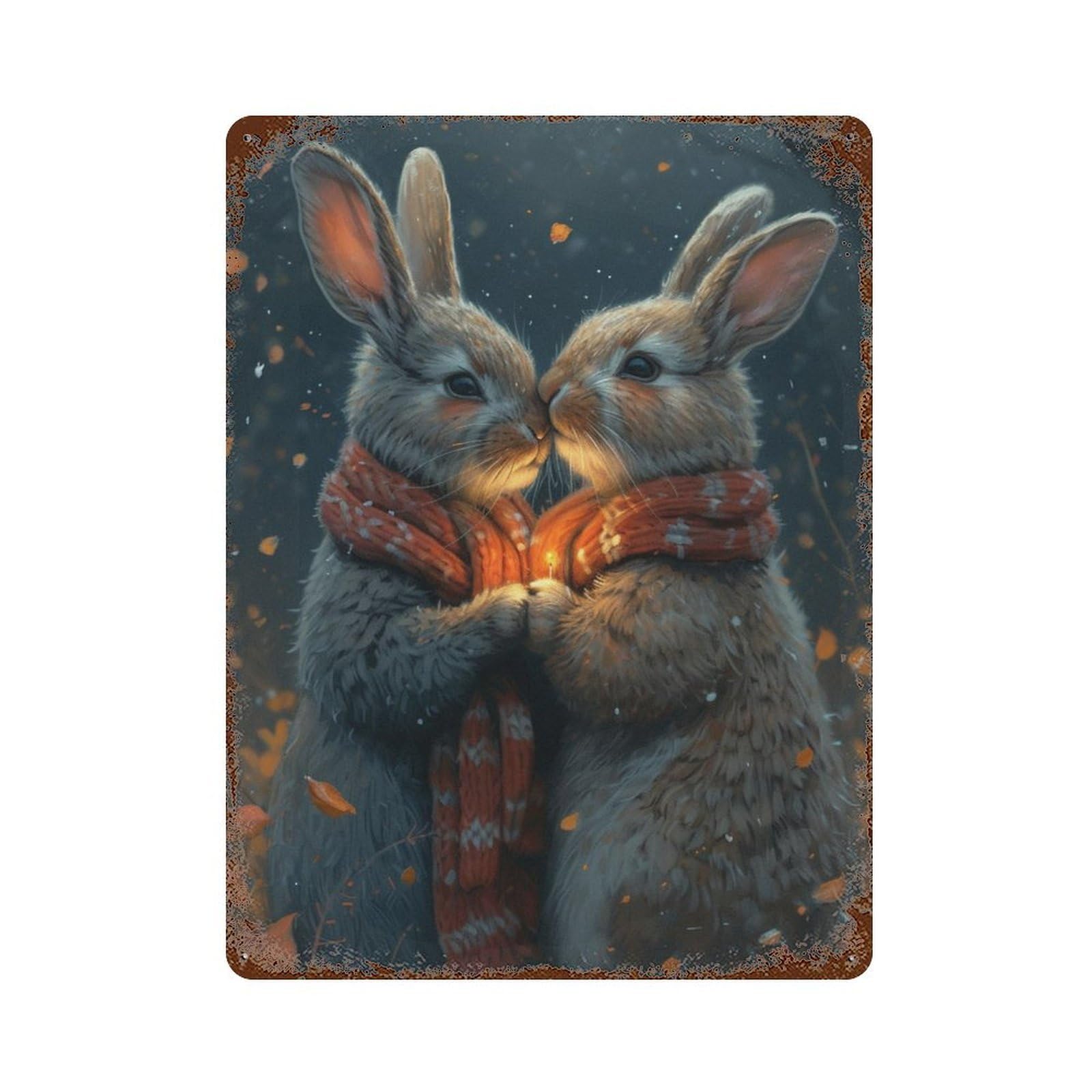 Autumnal Bunny Romance Rusty Metal Tin Sign 15.7"x11.8", Ideal for Farmhouse, Kitchen And Entryway Decor