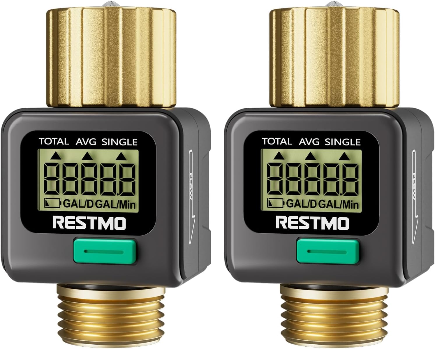 [2 Pack] RESTMO Water Flow Meter, Pure Brass Inlet & Outlet | 4 Measure Modes | Display Gallon/Liter Usage and Flow Rate | Ideal to Outdoor Garden Hose, Lawn Sprinkler Watering, RV Water Tank Filling