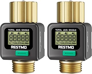 [2 Pack] RESTMO Water Flow Meter, Pure Brass Inlet & Outlet | 4 Measure Modes | Display Gallon/Liter Usage and Flow Rate | Ideal to Outdoor Garden Hose, Lawn Sprinkler Watering, RV Water Tank Filling
