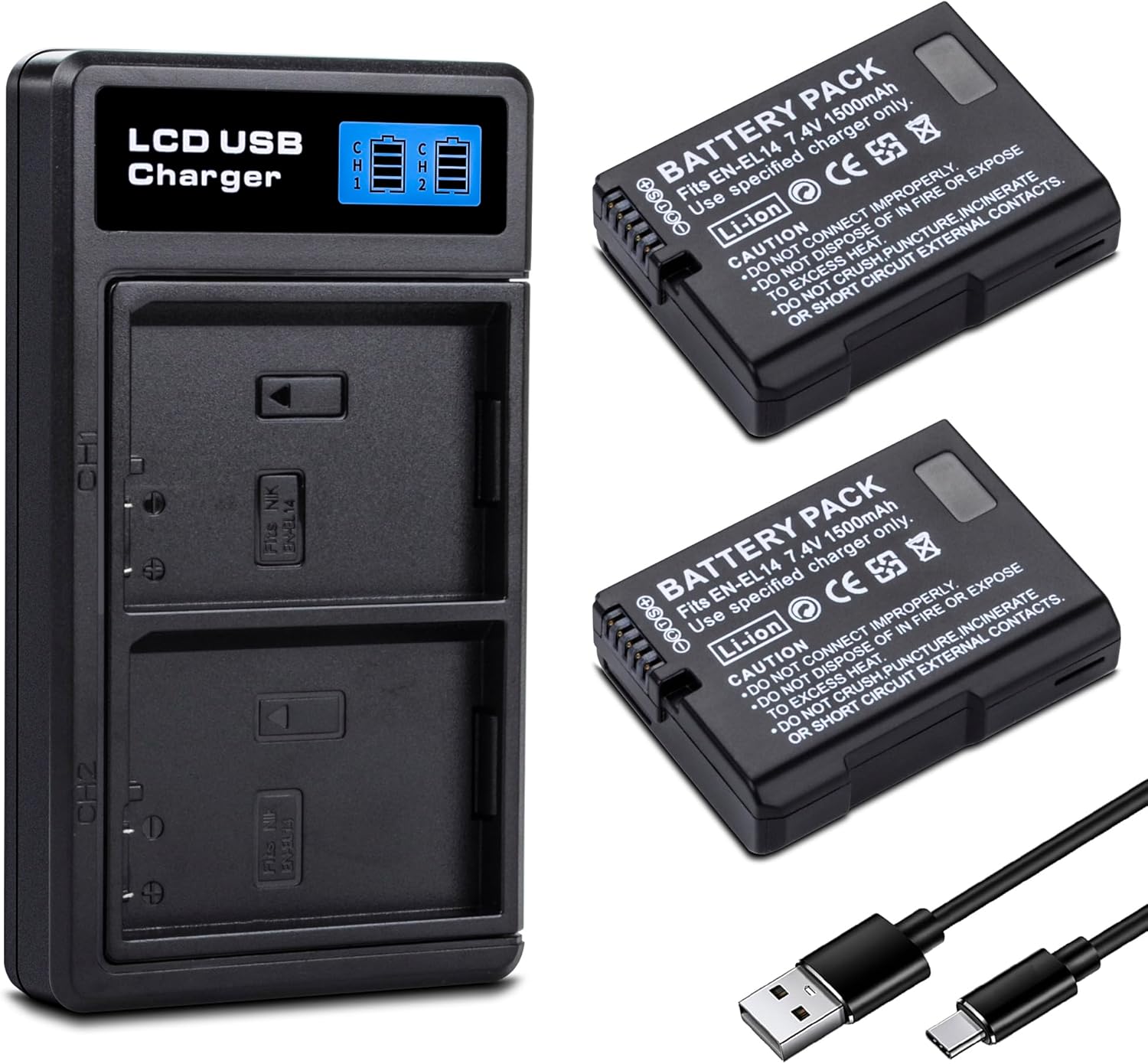 2 Packs EN-EL14 / EN-EL14a Batteries with USB-C Smart LCD Display Dual Charger for Nikon D3100 D3200 D3300 D3400 D3500 D5100 D5200 D5300 D5500 D5600 DF Coolpix P7000 P7100 P7700 P7800 Cameras