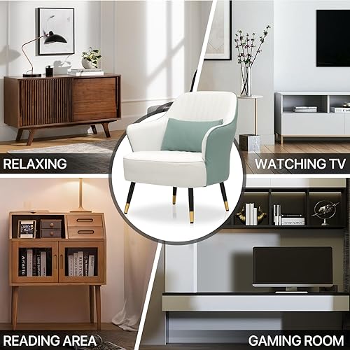 Miniatura 9 de MoNiBloom Sillón tapizado para sala de estar, sofá individual de cuero sintético moderno de mediados de siglo con almohada lumbar para leer, patas