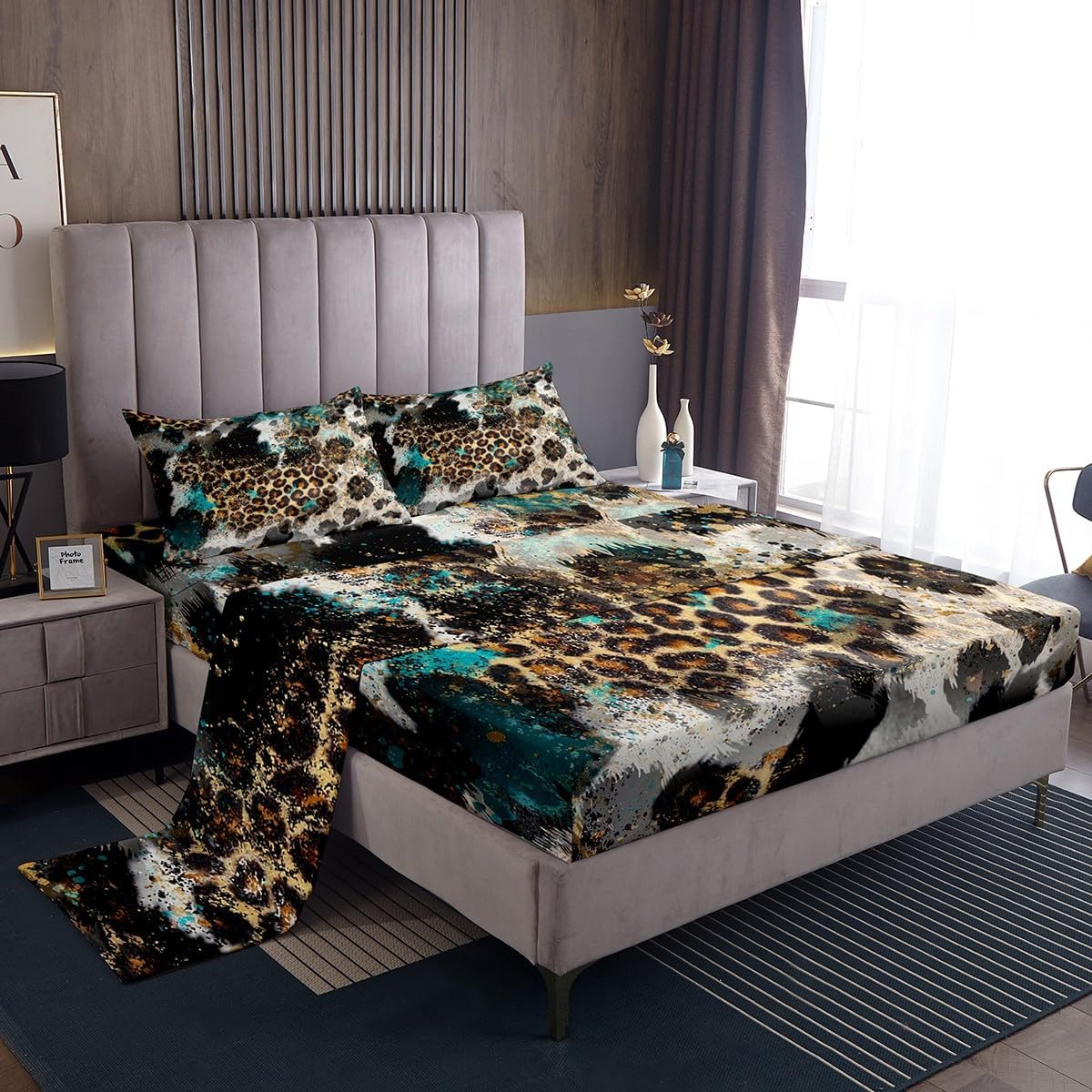 Leopard Print Kids Sheet Queen Size,Boys Girls Adults Bedroom Decor,Black White Cow Fur Texture Bedding Set,Abstract Animals Skin Rustic Farmhouse Bed Sheet Set 4pcs(Fitted + Flat + 2 Pillowcases)
