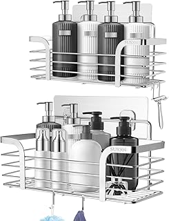 Carehabi Estante de Ducha sin Taladrar Pack de 2, Organizador de Baño de Acero Inoxidable SUS304 con 4 Ganchos, Organizador de Ducha con Soporte para Champú de Secado Rápido para Baño y Cocina