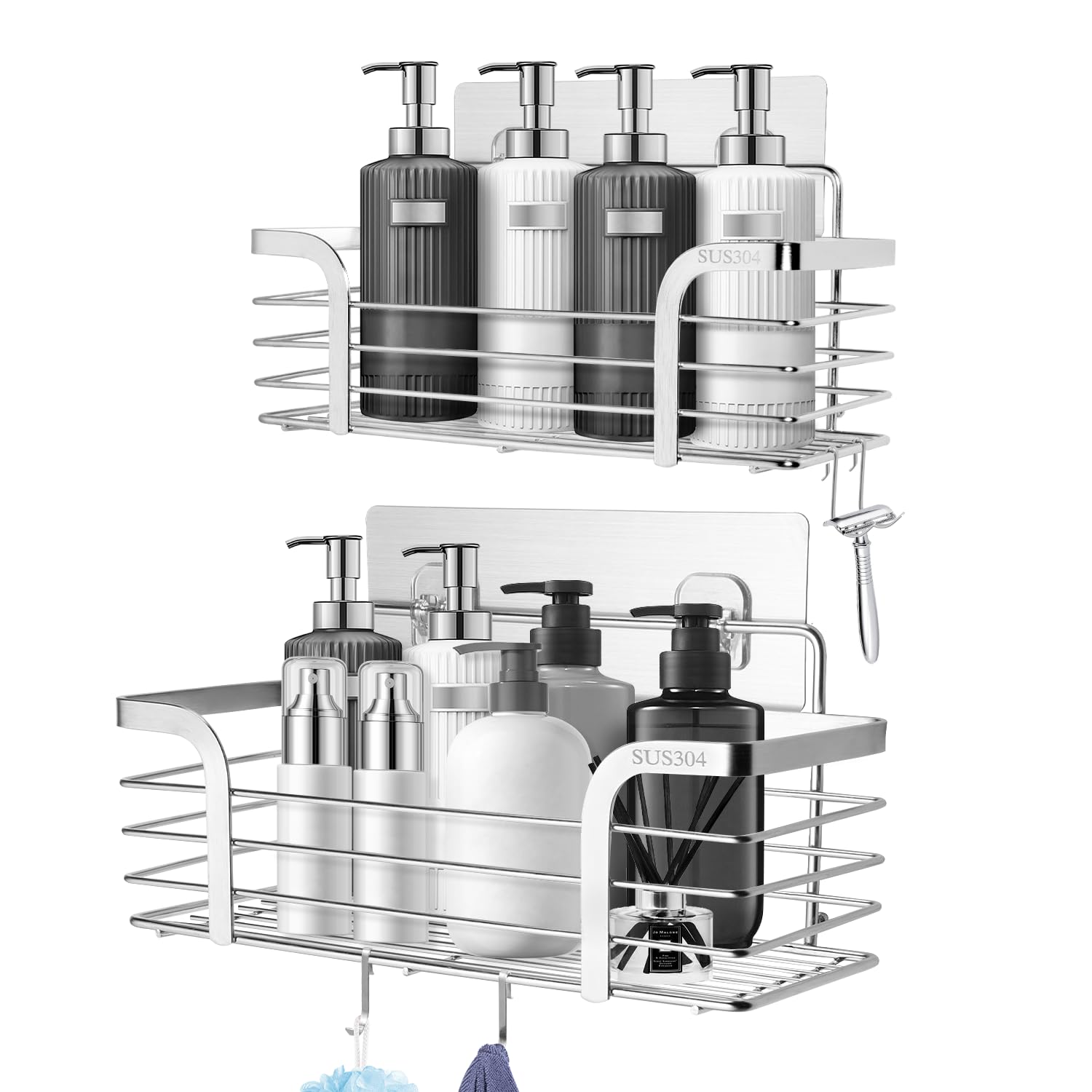 Carehabi Mensola Doccia Senza Foratura 2 Pezzi Organizer Bagno in Acciaio Inox SUS304 con 4 Ganci Mensola Senza Foratura Oggetti Bagno per Shampoo per Bagno e Cucina