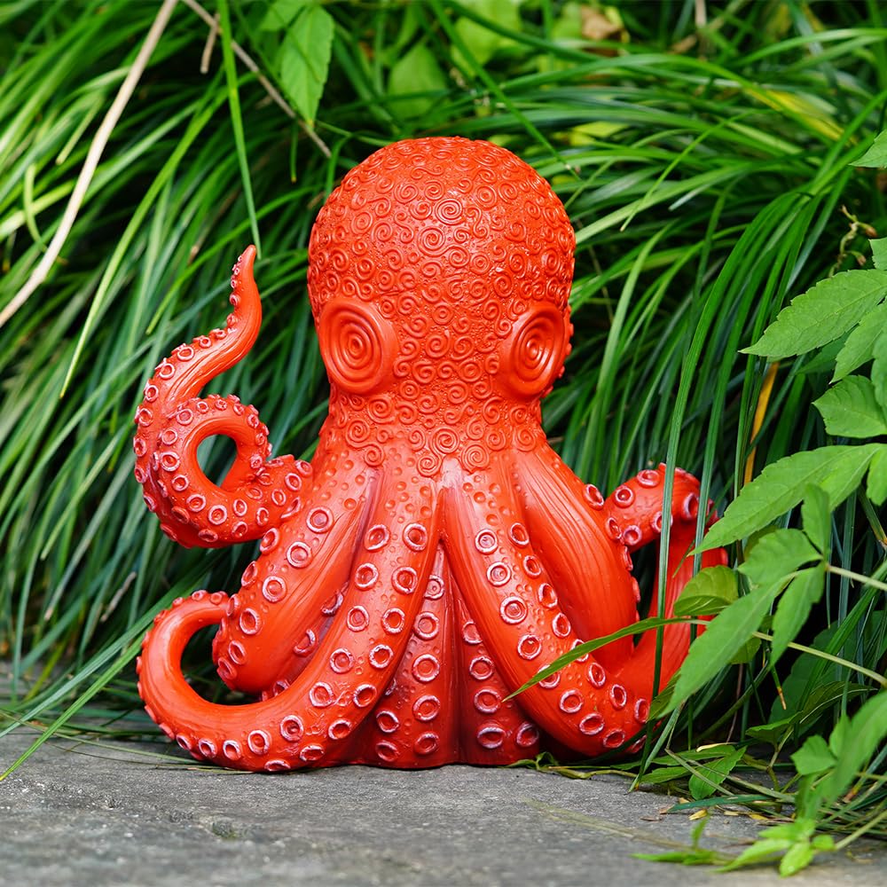 Octopus Decor,Red Octopus Art,Octopus Statue,Ocean Decor Figurines for Garden Indoor Outdoor Home Office Desktop Shelf Ornament (Red Octopus)