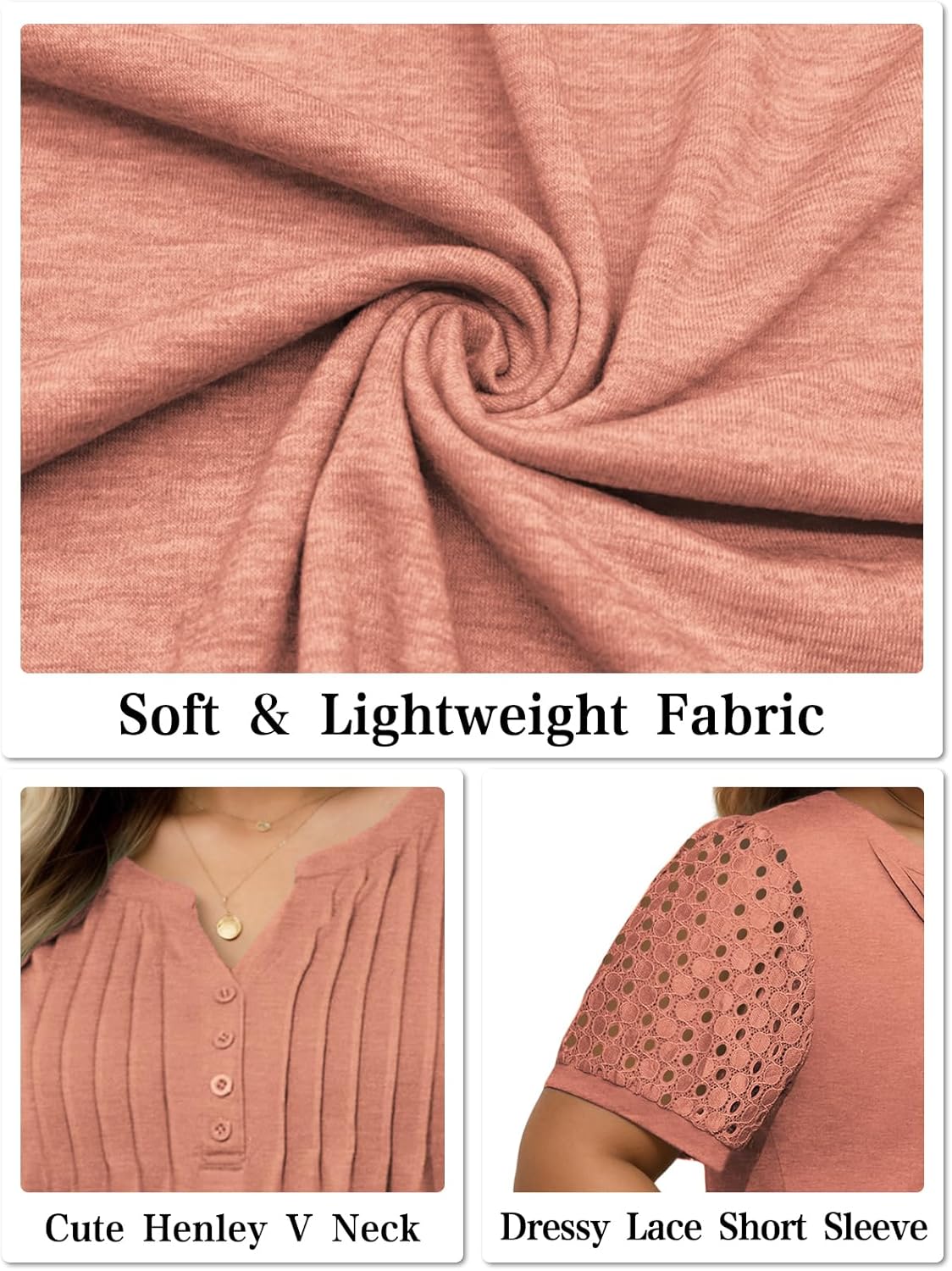 VISLILY Plus-Size-Womens-Summer-Tops Cute Henley V Neck T Shirts Dressy Lace Short Sleeve Blouse Trendy Casual Pleated Tunics - Image 5