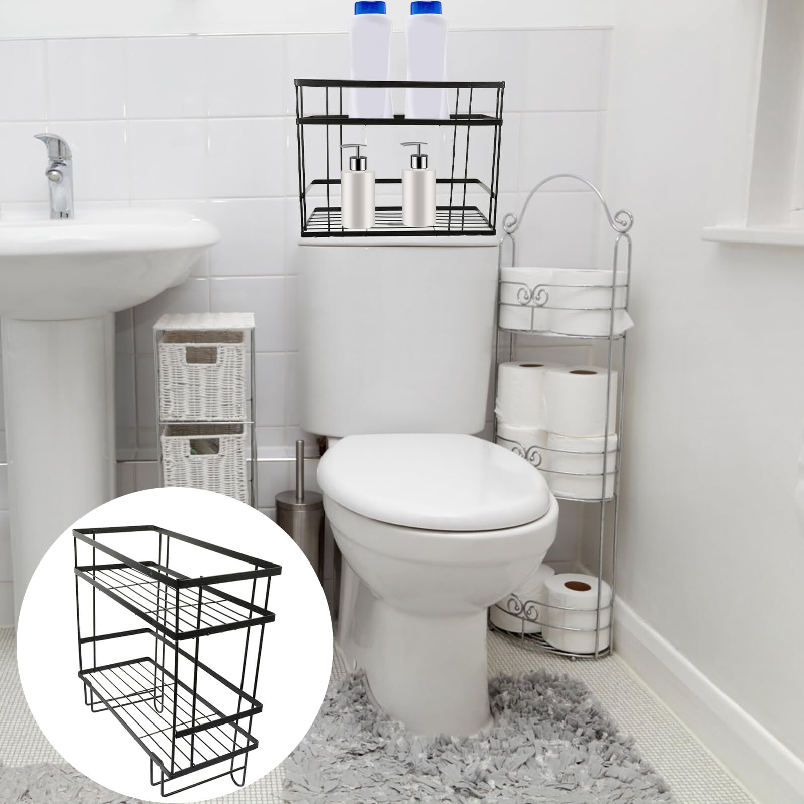 Scaffale salvaspazio sopra il WC, resistente alla ruggine, per il bagno sopra il serbatoio del WC, elegante design nero per la massima capacità di archiviazione