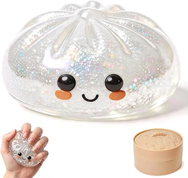 Glitter Dumpling Squishy, Dumpling Mystery Box, Colorful Dumplings Stress Balls Toy, Stocking Stuffers with Food Steamer Stretchy Desk Toys Rainbow