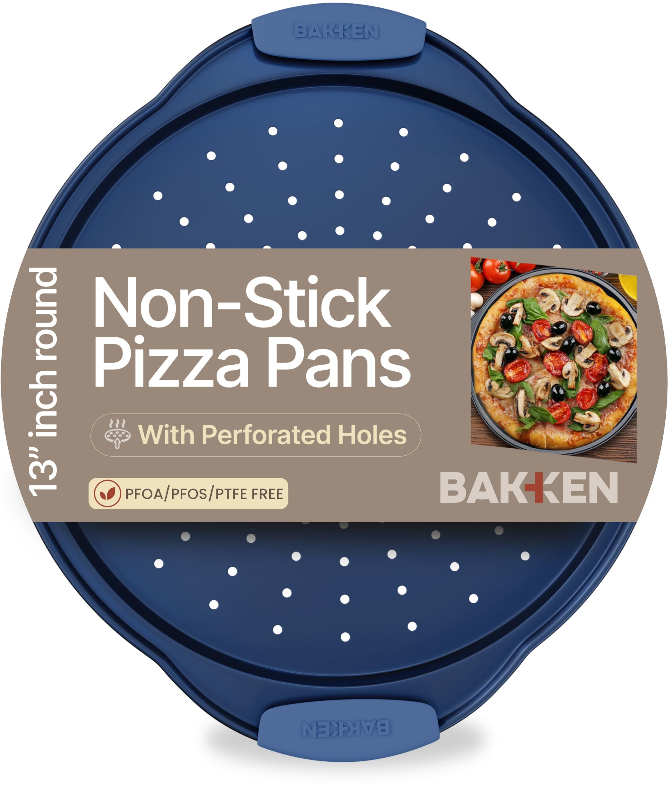 Bakken Pizza Baking Pan - Round Perforated Carbon Steel Pan with Non-Stick Marble Coating, Oversized Silicone Handle, Dishwasher Safe, High-Temperature Resistant, Durable and Easy Cleanup - Blue
