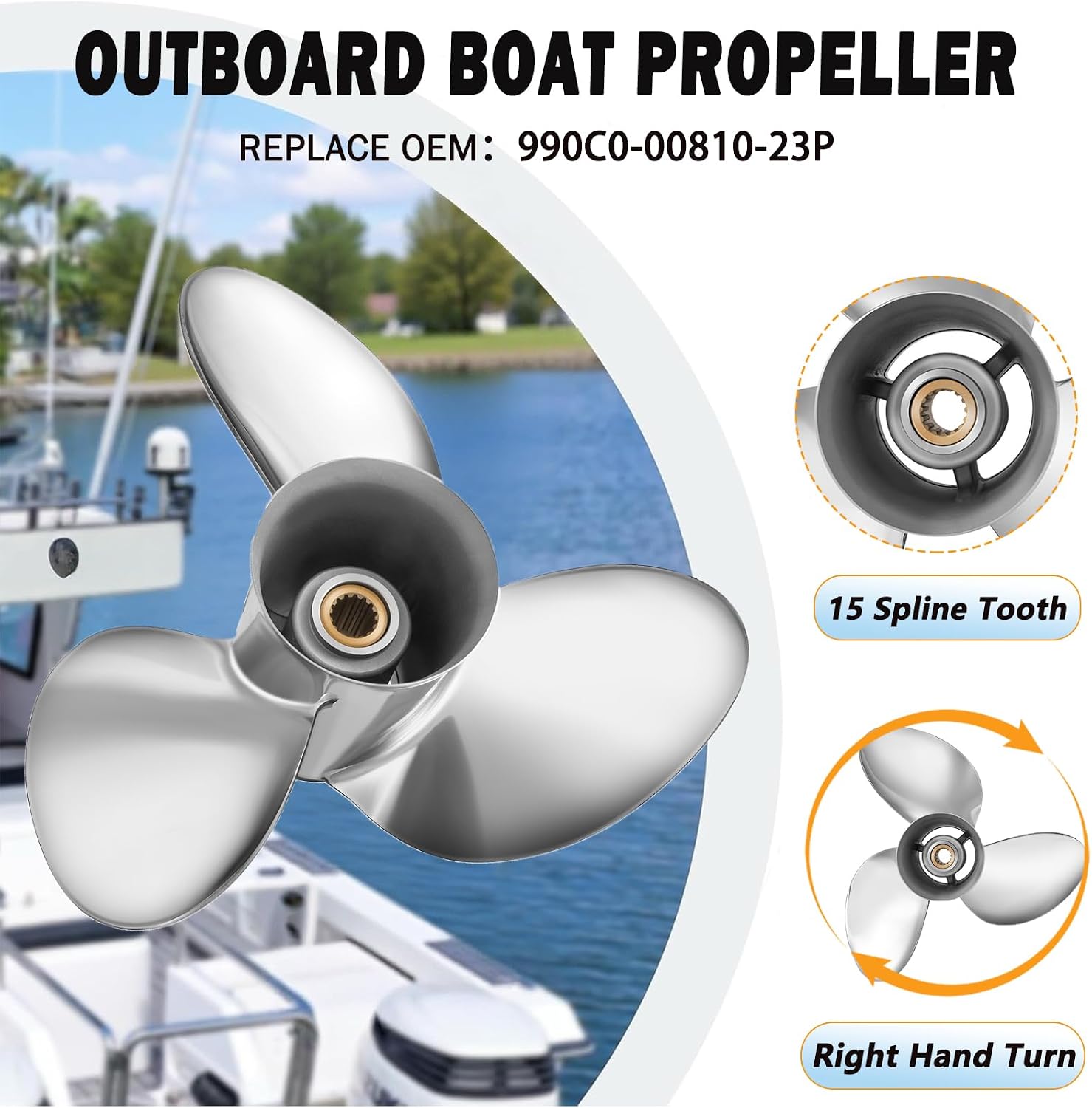 Stainless Steel 16 X 23 Upgrade OEM 990C0-00810-23P Outboard Boat Propeller Fit Suzuki Engines DT/DF150/175/200/225HP DF250/300HP Prop 15 Spline Tooth 3 Blades RH