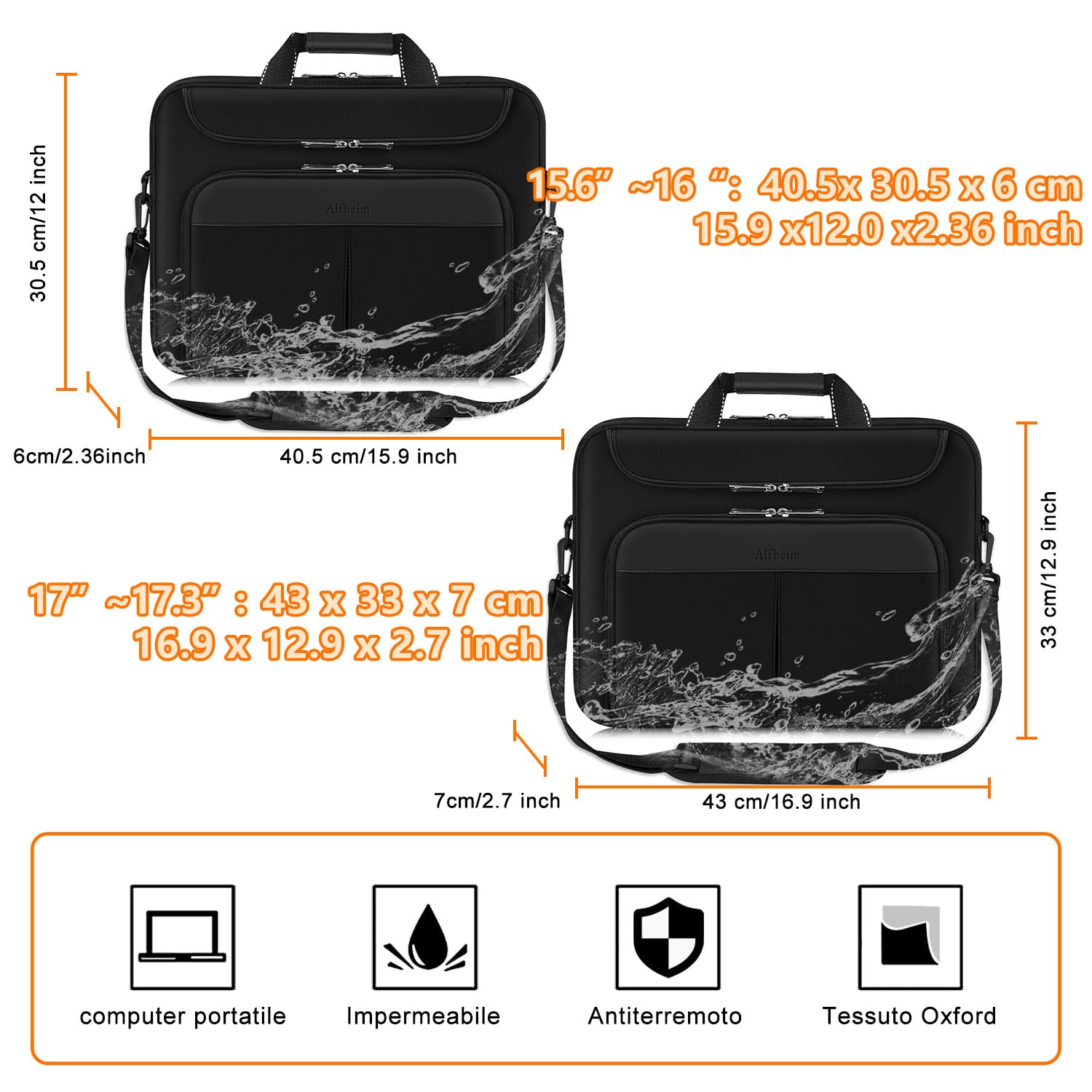 Alfheim Borsa per Laptop 17-17.3 pollici Impermeabile Borsa | Protettiva Messenger con Tracolla Regolabile, Borsa a Tracolla Multifunzionale per gli Uomini Donne di Viaggio/Affari (Nero)