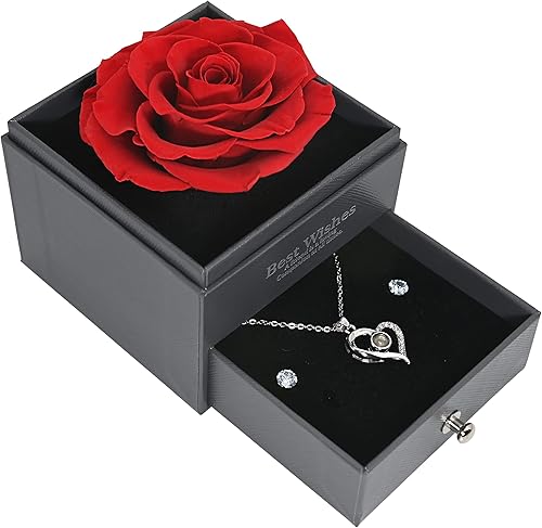 GLAMOUR BOUTIQUE Preserved Rose in a Box with I Love You Necklace in 100 Languages - Enchanted Flower Jewelry Set with Silver Stud Earrings Gifts