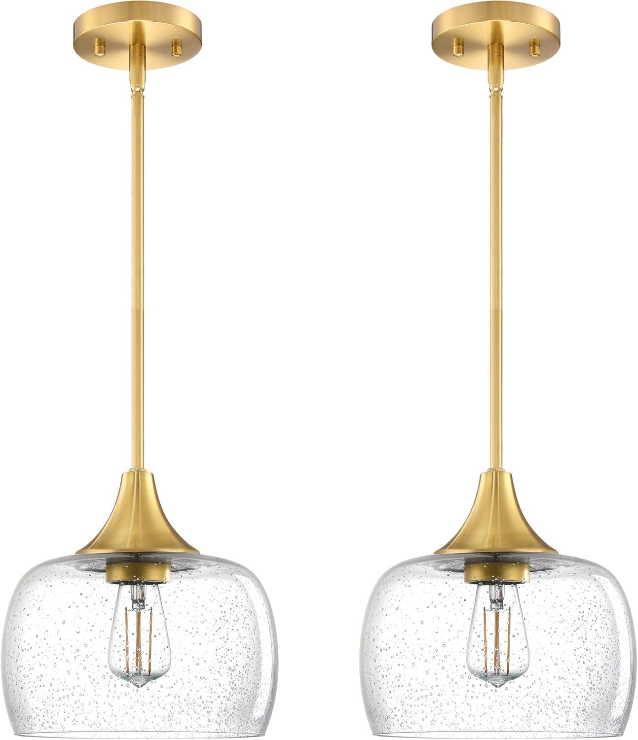 2 Pack 1 Light Hanging Indoor Kitchen Island Pendant Ceiling Light 8.2" Drum Clear Seeded Glass Shade Fixture,Brushed Bronze Finish Modern Farmhouse Dinning Over Sink Adjustable Rod