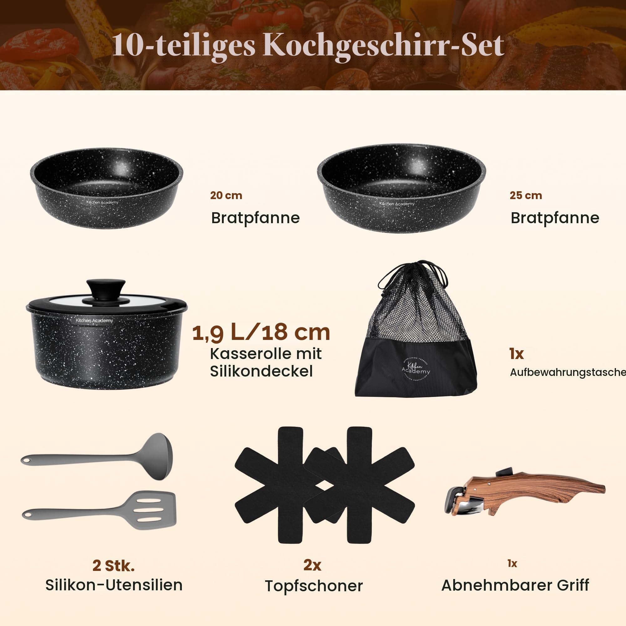 Kitchen Academy Pfannenset Abnehmbarer Griff - 10 Teilig Induktion Töpfe Set für alle Herdarten, Pfanne 20/25cm, Topf 18 cm