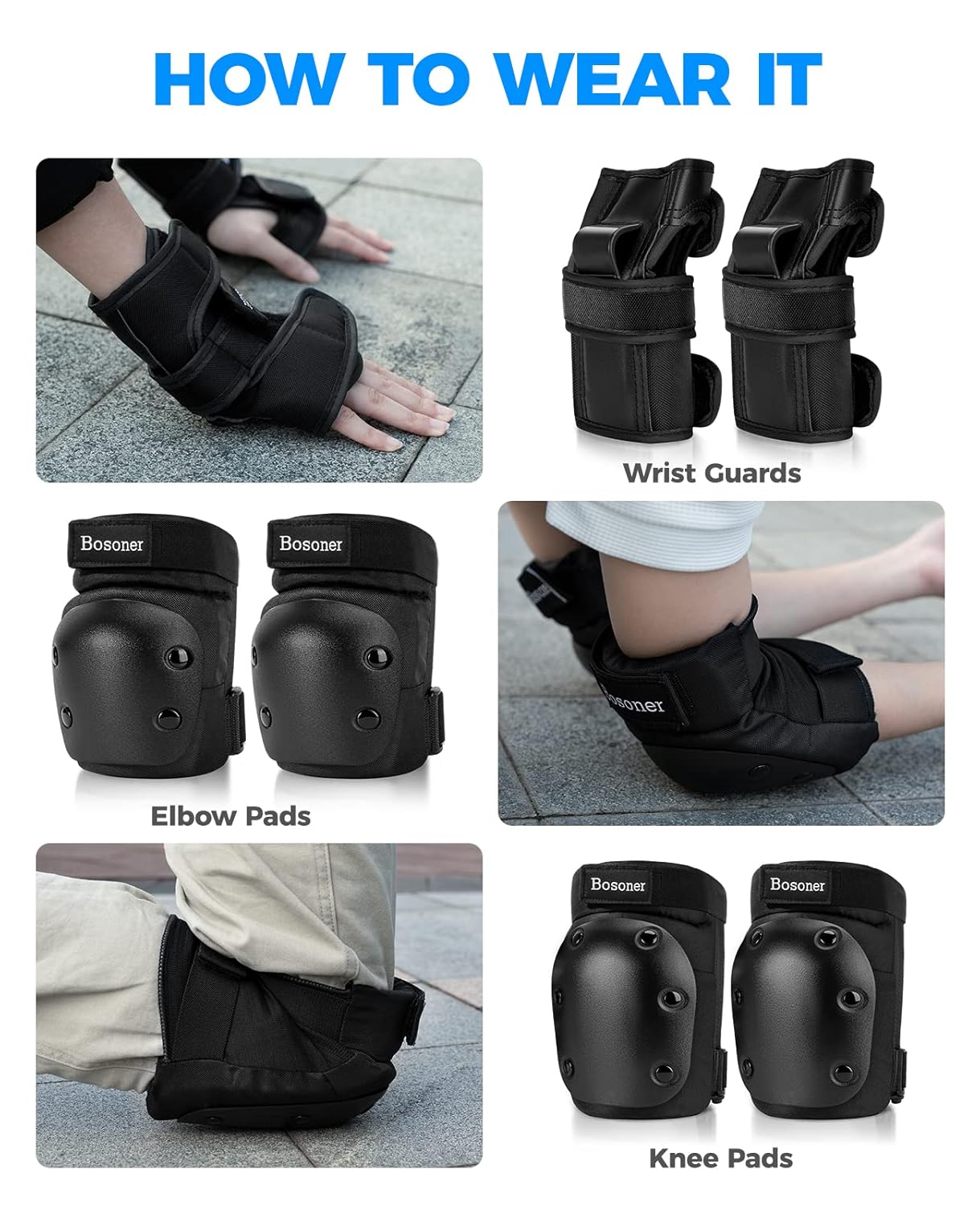 BOSONER Kids/Youth/Adult Knee Pad Elbow Pads Guards Protective Gear Set for Wrist Guards Roller Skates Scooter Inline Skating Cycling BMX Bike Skateboard climbing etc : Sports & Outdoors
