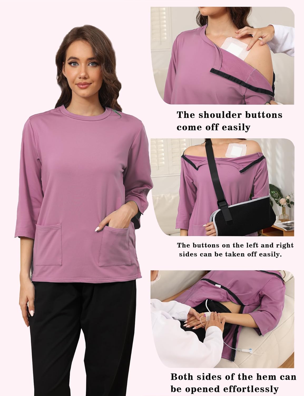 Fleece Lined Post Surgery Shirt for Women Tear Away 3/4 Sleeve Adaptive Clothing for Rotator Cuff Recovery Shirt with Pockets - Image 4