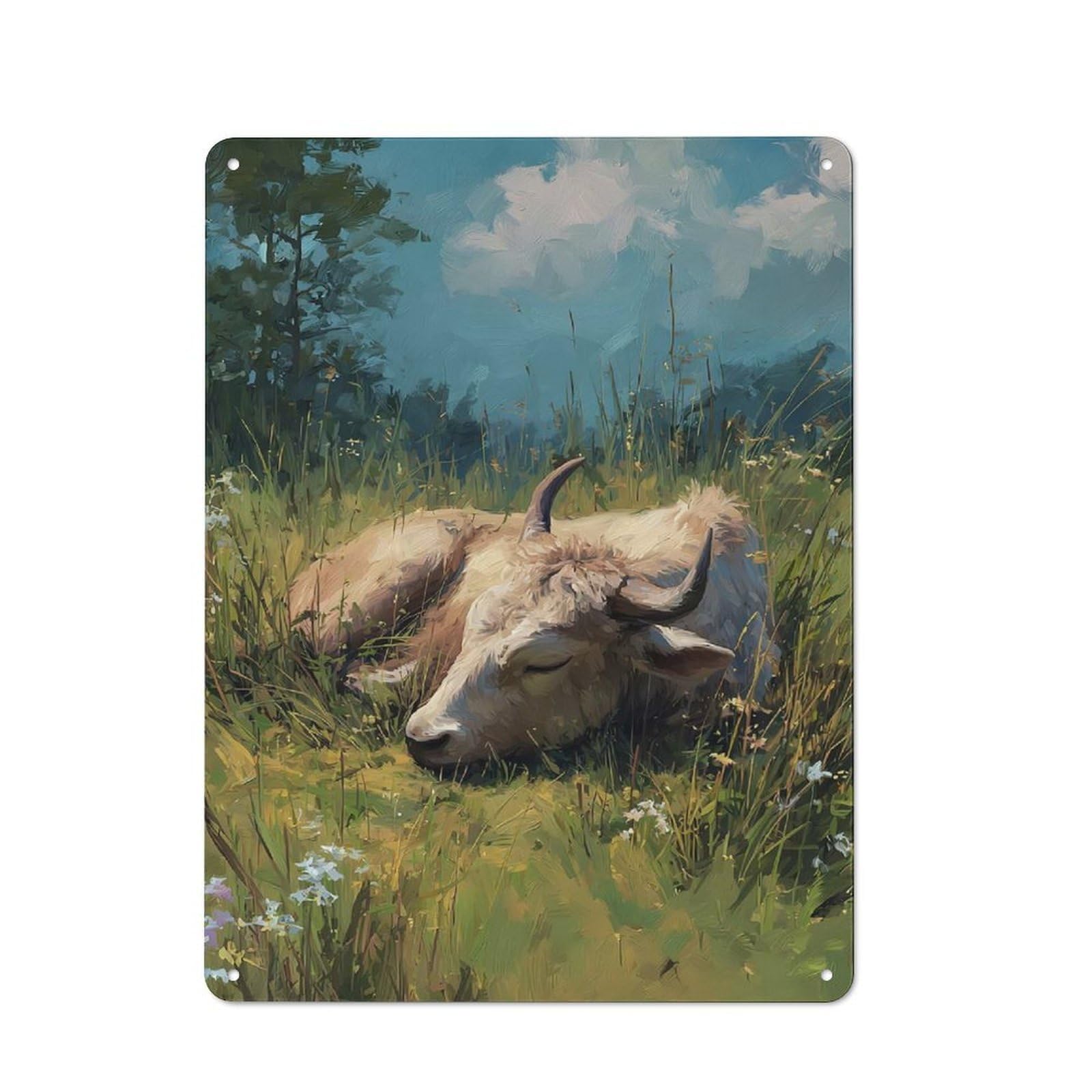 Junmoney Style-13 Cow Sleeping In A Field Barn Style Metal Wall Decor 40X30cm, Country Metal Sign For Kitchen, Cottage, Porch Or Garden Room