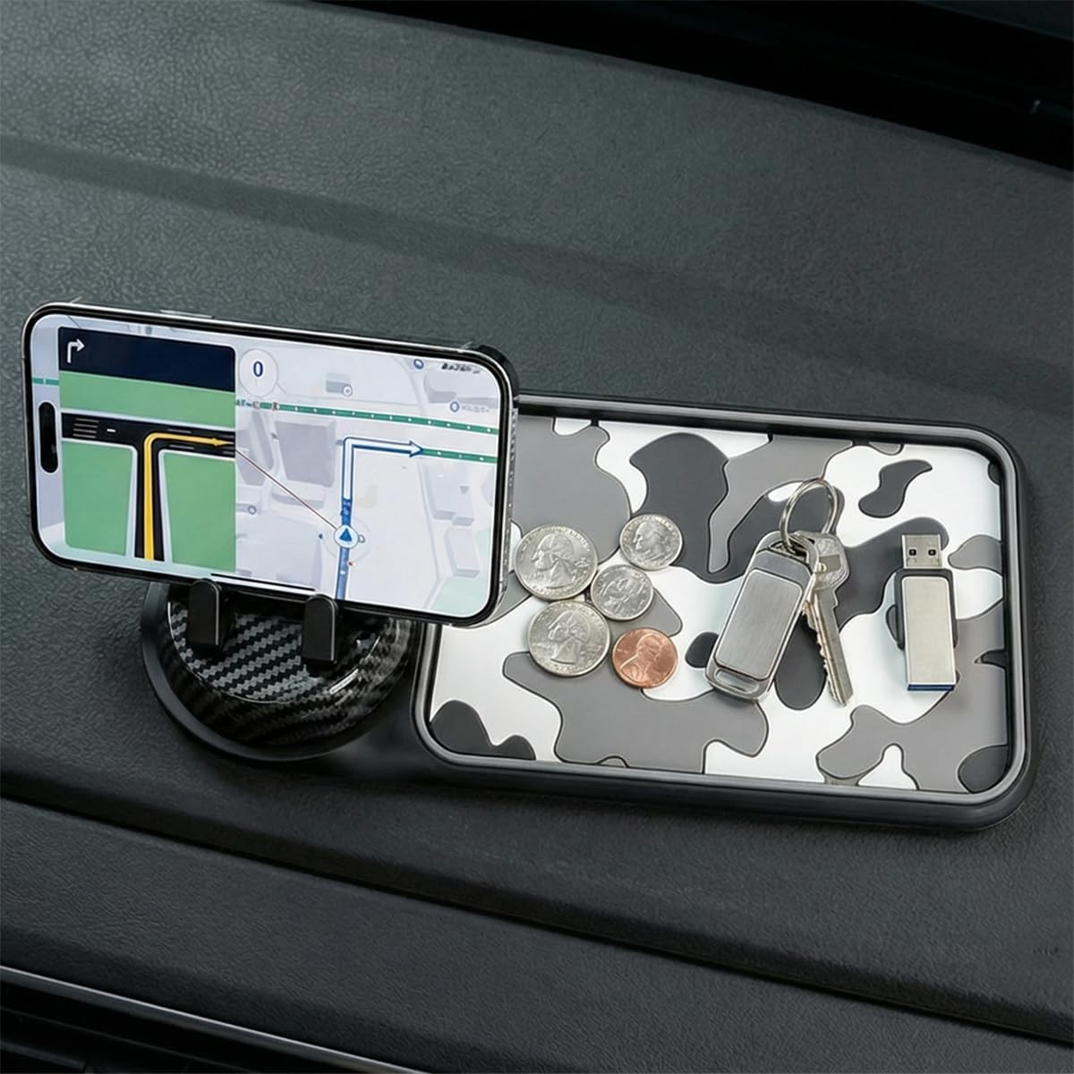 Car Dashboard Anti-Slip Mat with 360° Rotating Phone Holder, Universal Carbon Fiber Car Storage Sticky Pad, Auto Organizer Accessories for Sunglasses, Keys, Gadgets (White&Grey)