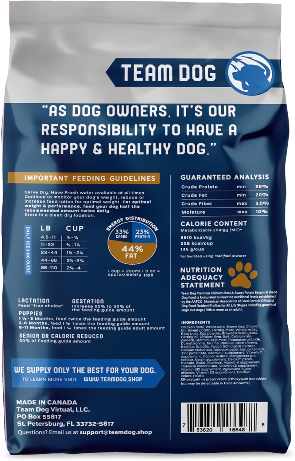 Team Dog Essential Blend Chicken & Sweet Potato | Sensitive Stomach Dog Food Small Breed & Large Breed | Gluten Free, GMO Free, No Corn, Wheat or Soy | All Life Stage Formula (33 lb Dry Dog Food)