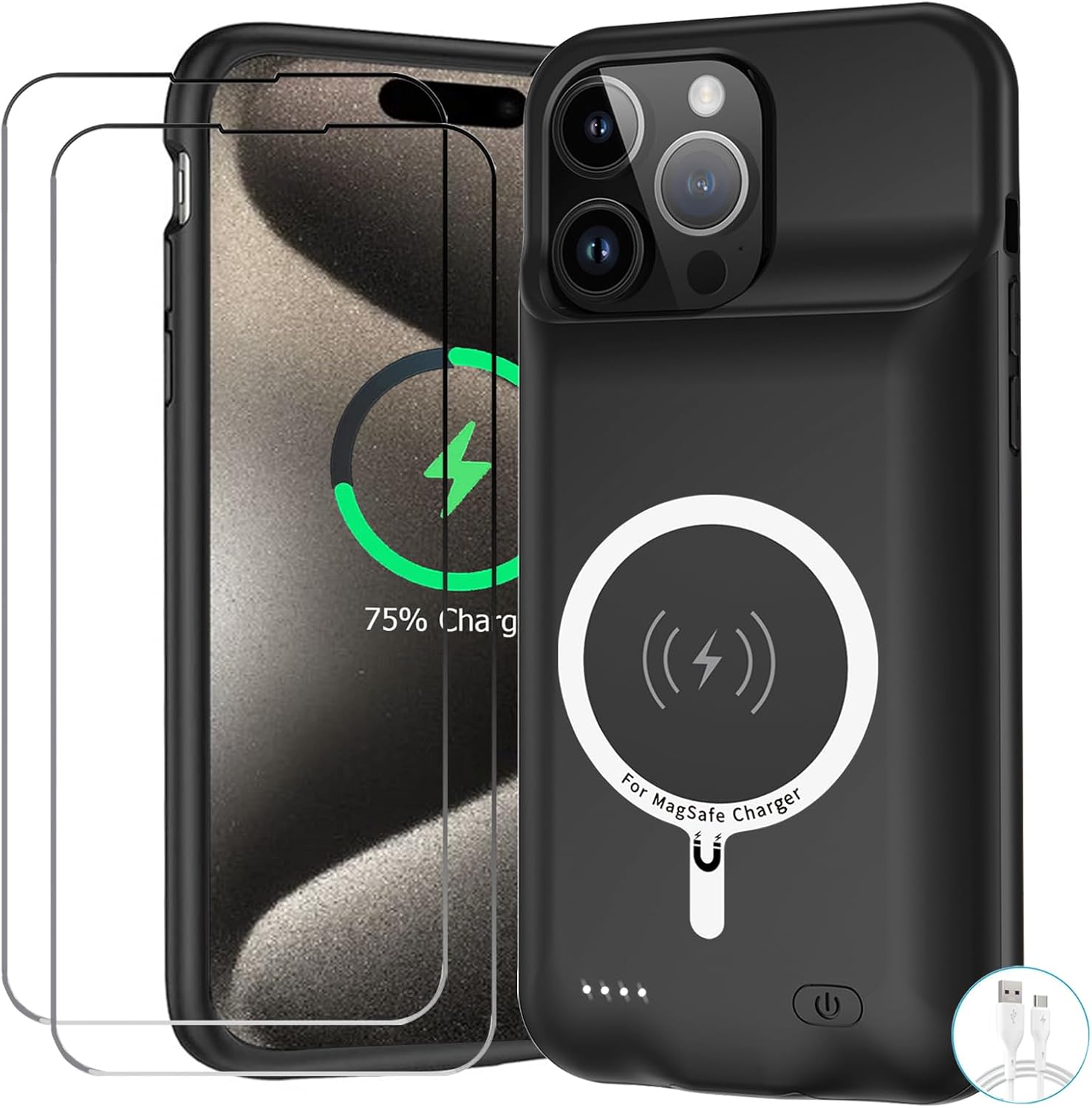 Battery Case for iPhone 15 Pro Max, Upgraded 12000mAh Battery Pack Rechargeable Charger Case with Wireless Charging Compatible for iPhone 15 Pro Max (6.7 inch) External Battery Charging Cover (Black)