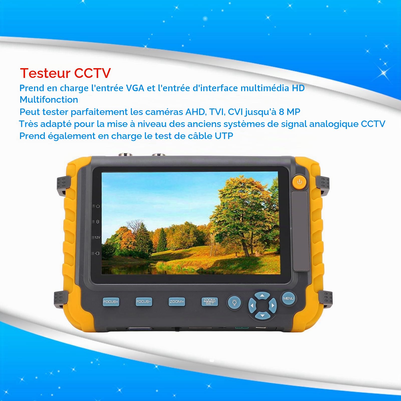 Testeur de Vidéosurveillance, Testeur de Caméra IP 5 Pouces 8MP, Testeur de Moniteur Vidéo Analogique Coaxial AHD TVI CVI avec Test de Câble UTP, Contrôle PTZ, Entrée VGA HDMI (Prise UE)