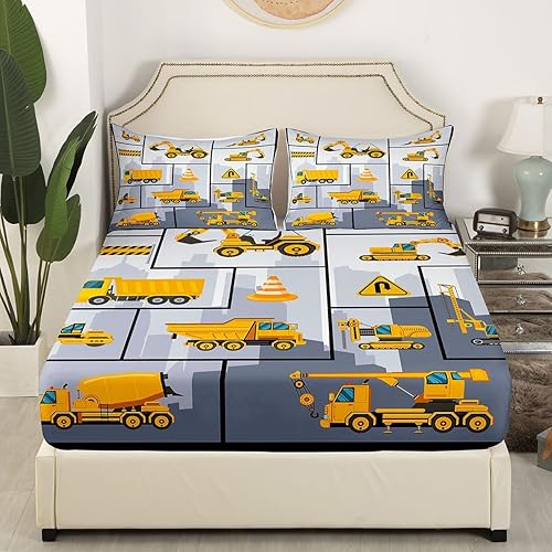 Miniatura 2 de Juego de sábanas de automóvil de dibujos animados, juego de sábanas de construcción para niños, juego de ropa de cama de camiones para niños y