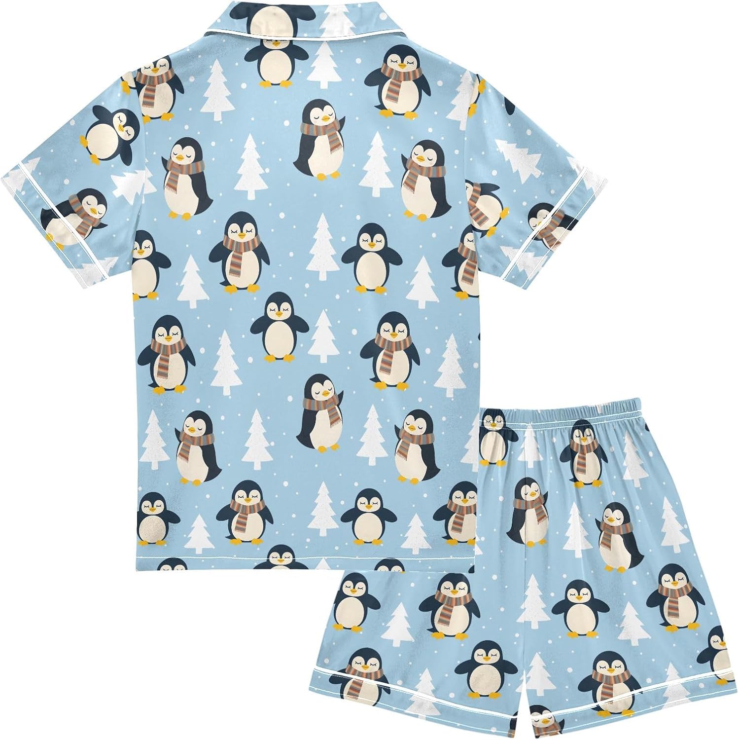 Kids Satin Wear Set Winter Penguin Pine Tree Pattern Relaxing Clothing Short Sleeve and Shorts