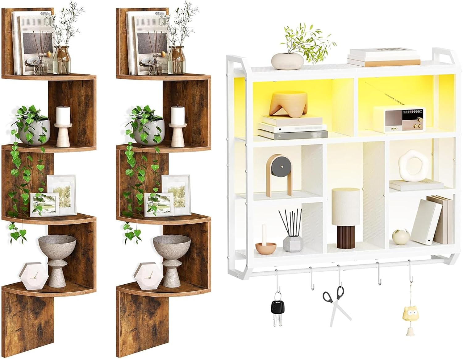 HOOBRO Corner Shelf and Gaming Floating Shelf with LED Light Bundle, Wall Mounted Shelves for Storage BF25BJP201-WT72DBJ01
