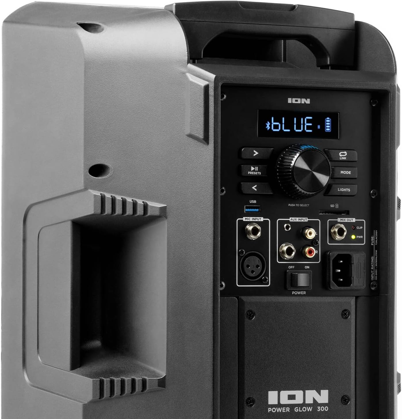 Close-up of the Aux Inputs (RCA and 3.5mm) on the speaker's control panel.