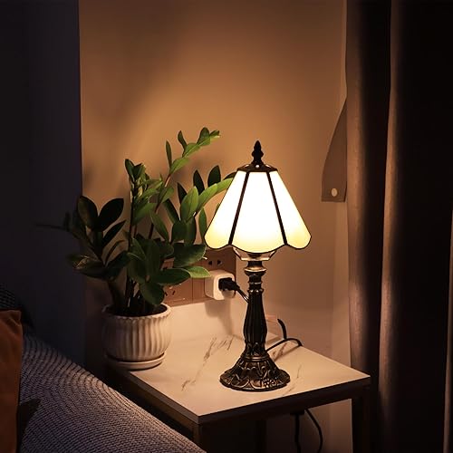 Miniatura 11 de Small Tiffany Table Lamp Grass Green Rippled Stained Glass Desk Lamps 6X6X14 Inch Bronze Resin Base Antique Mini Accent Light Grass Green