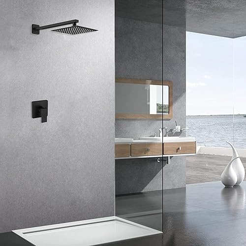 Miniatura 2 de JingGang Juego de grifo de ducha negro mate para baño, sistema de ducha de lluvia de lujo con cabezal de ducha de lluvia, kit de molduras de ducha