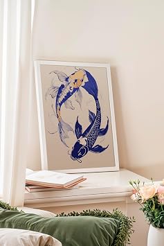 Zestia Beyaz Çerçeveli Tablo, Yin Yang Koi Balıkları, Salon Dekoru Poster No: 112504 15 x 21