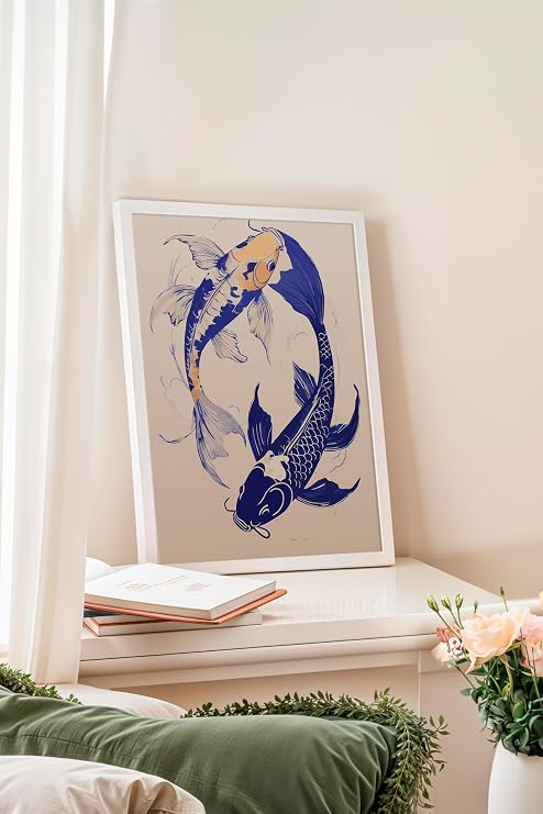 Zestia Beyaz Çerçeveli Tablo, Yin Yang Koi Balıkları, Salon Dekoru Poster No: 112504 15 x 21