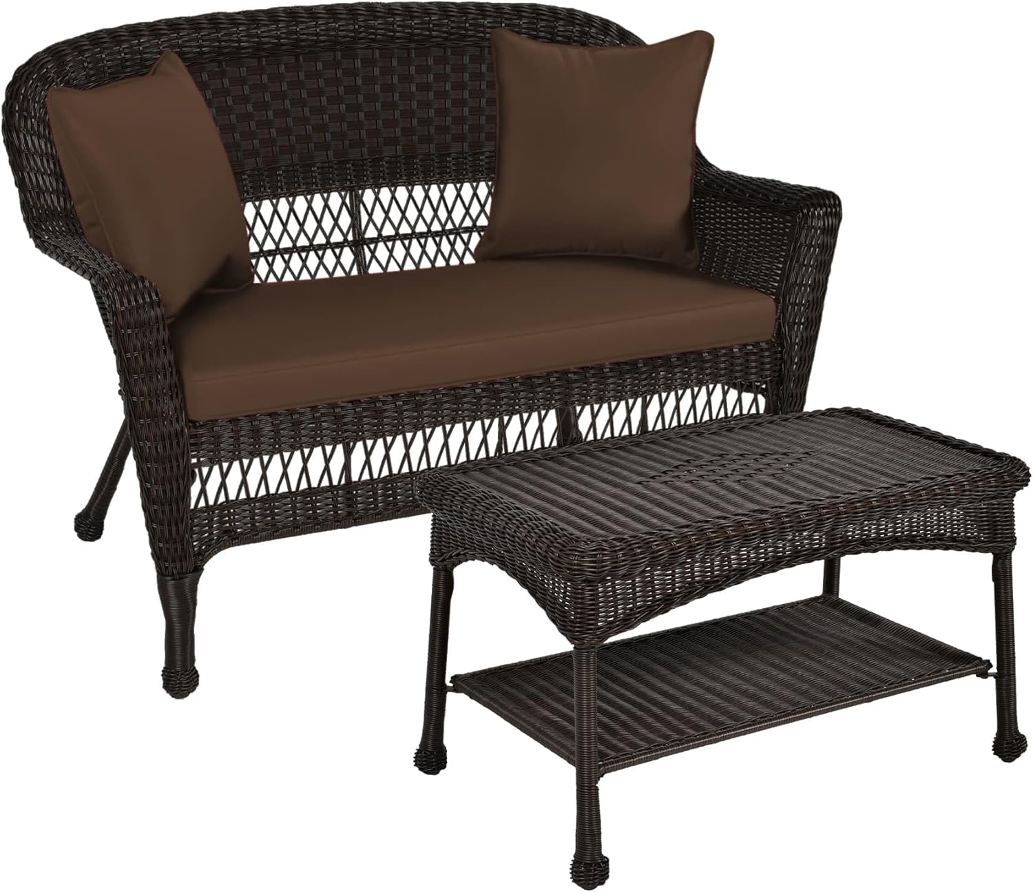 Jeco Wicker Patio Love Seat and Coffee Table Set with Brown Cushion, Espresso