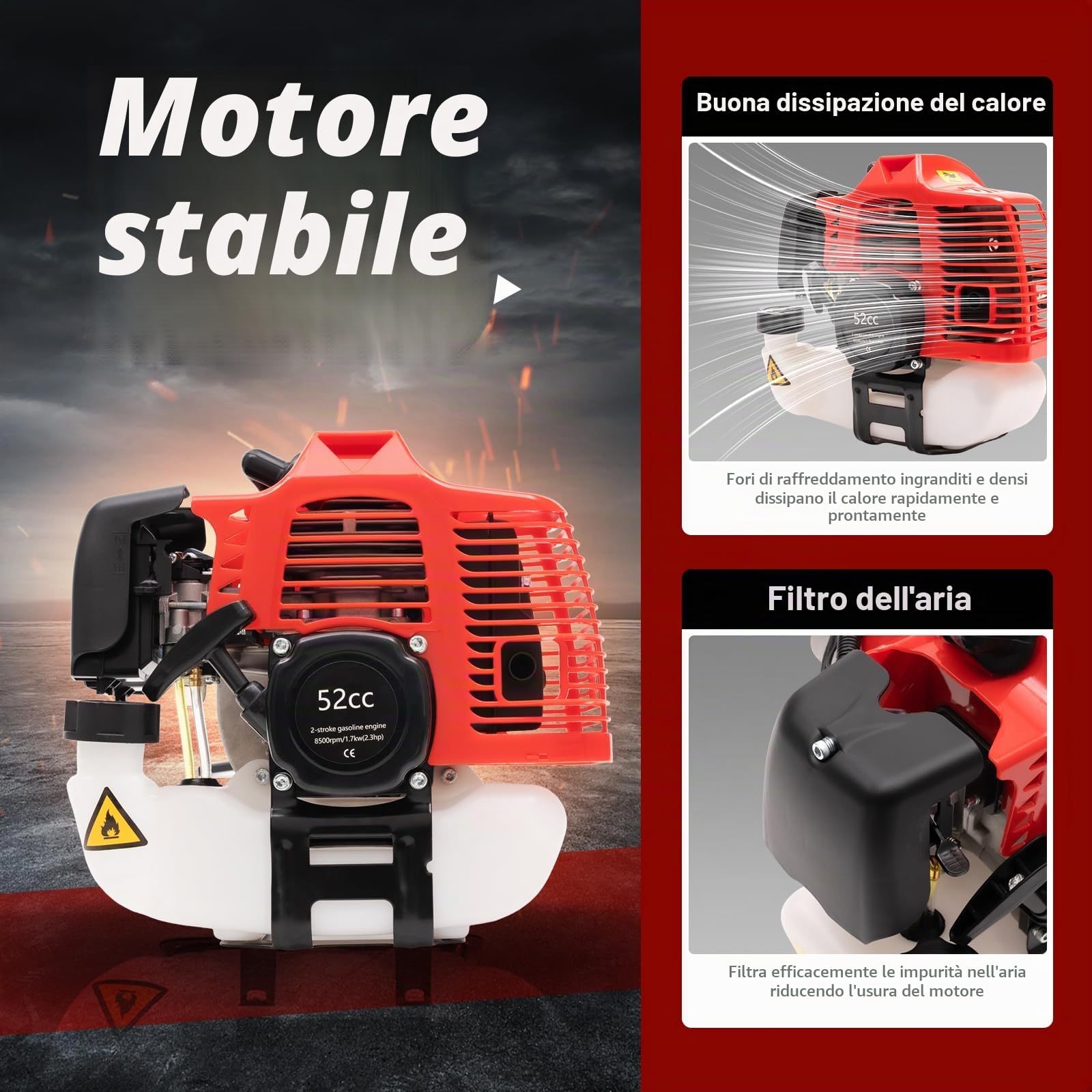 Scopa motore a benzina, spazzatrice a benzina 52 CC, 2,3 CV, per la pulizia di prato, foglie, erba artificiale, erba e pietrisco