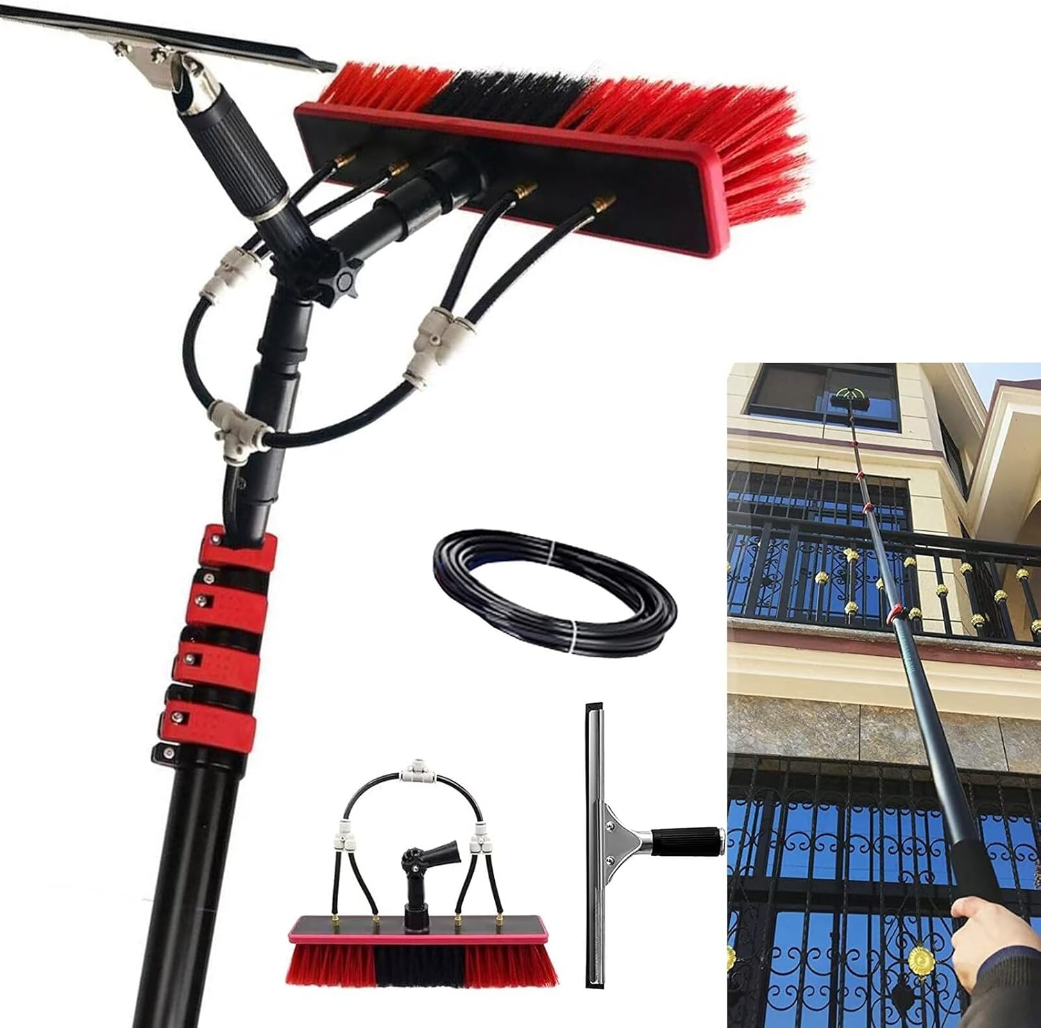 Cleaning Tool with Extension Pole Water Spray Knife/Squeegee Telescopic Window Washing Head for Cleaning Home Windows Glass Cars Solar Panel Cleaning kit 7.2Rod Length 50brush