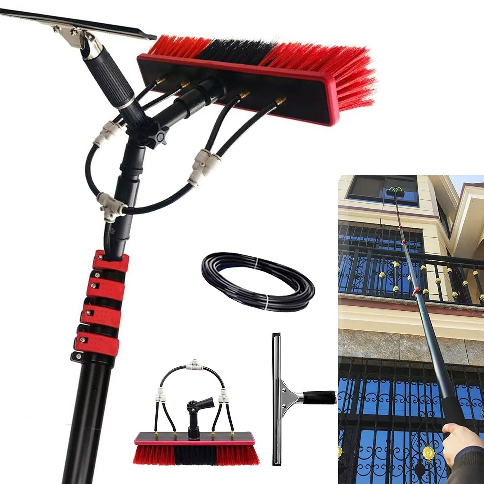 Barra di pulizia professionale 3 in 1: spazzola a getto d'acqua estensibile per pannelli solari e vetro, soluzione per la pulizia esterna senza sforzo, lucentezza senza striature.