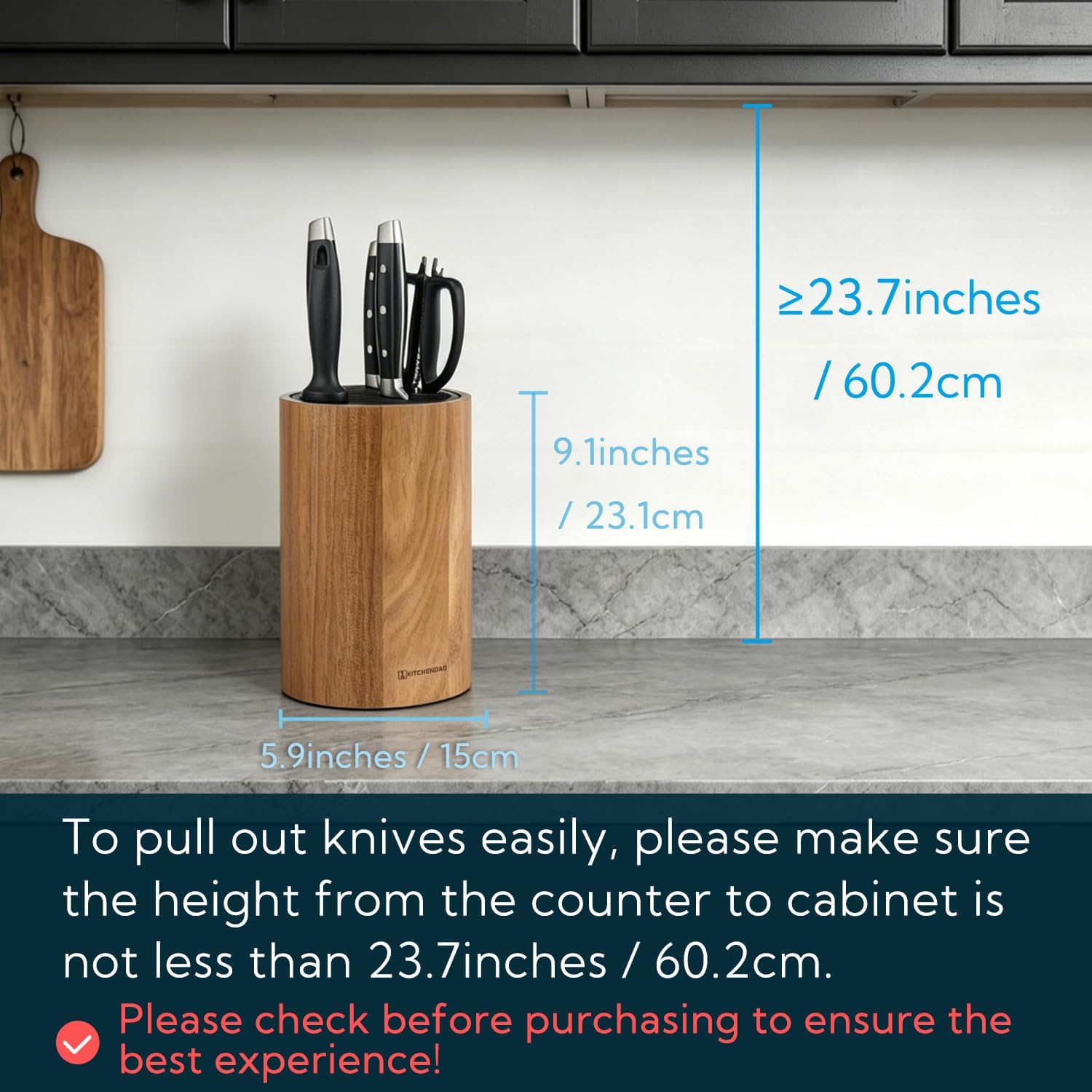 KITCHENDAO Universal Knife Block Without Knives, Acacia Wood Knife Holder, Space-Saving Round Knife Storage Organizer for Countertop, with Slots for Scissors and Sharpening Rod
