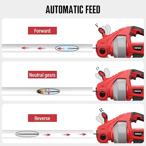 Miniatura 4 de POPULO Barrena de drenaje eléctrica de 20 V, herramientas para eliminar obstrucciones de drenaje de serpientes de fontanería de 25 pies, limpiador