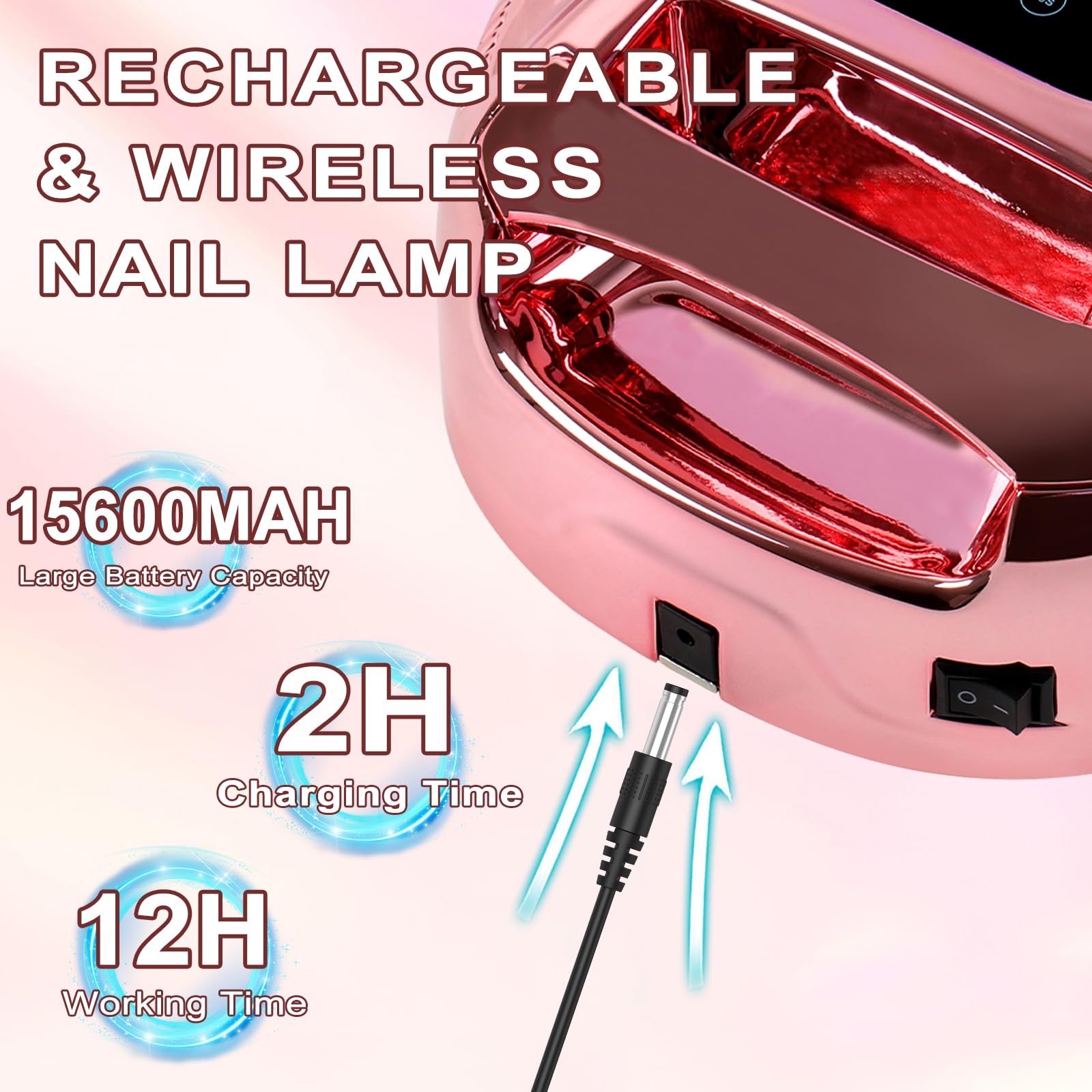 Lámpara de uñas LED UV recargable de 96 W, luz UV inalámbrica portátil para uñas con pantalla LCD, sensor automático, 4 ajustes de temporizador y secador de uñas con sensor inteligente, luz