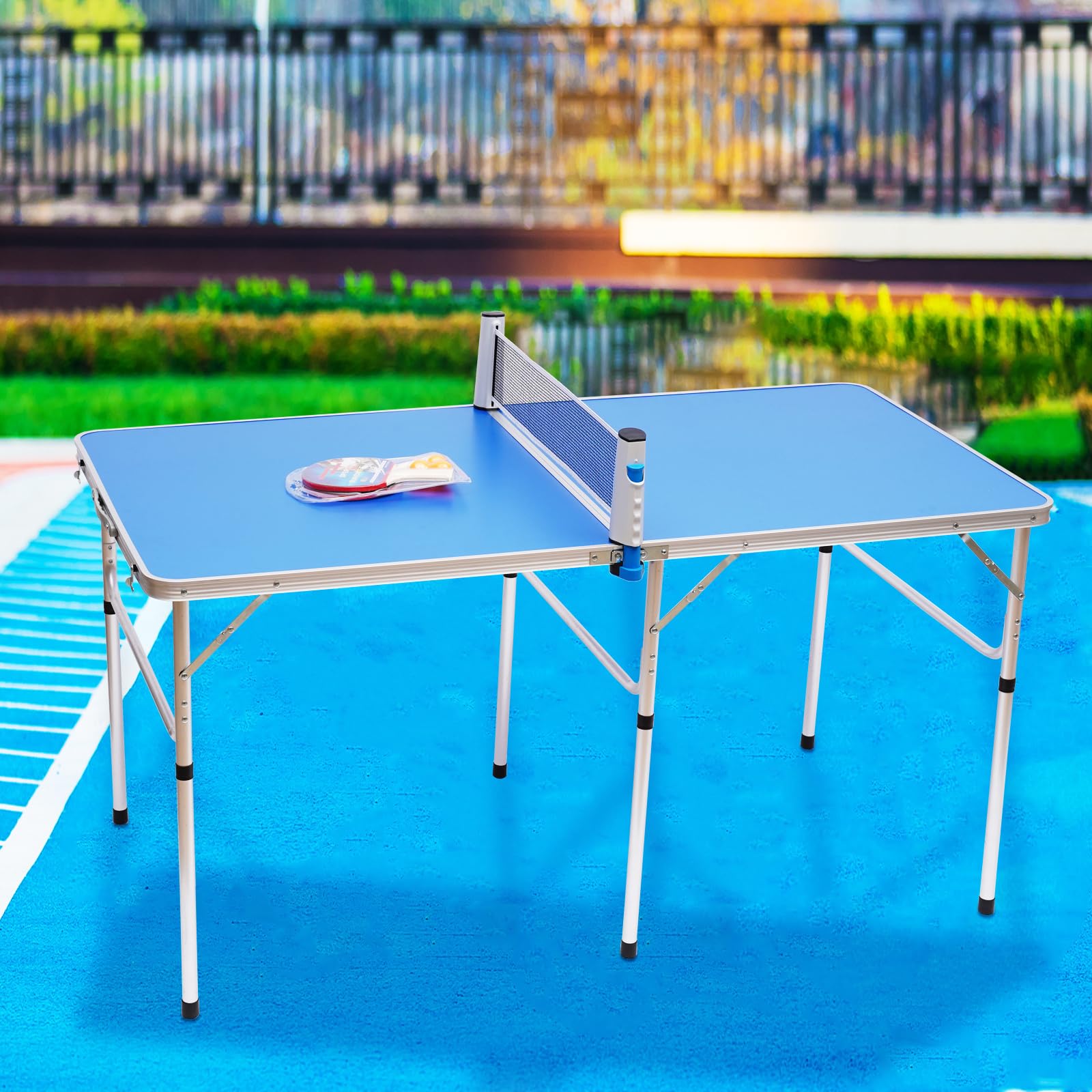 Tavolo da ping pong pieghevole per interni, mini tavolo da ping-pong tavolo da ping pong con rete, 2 racchette e 3 palline per casa, giardino, blu