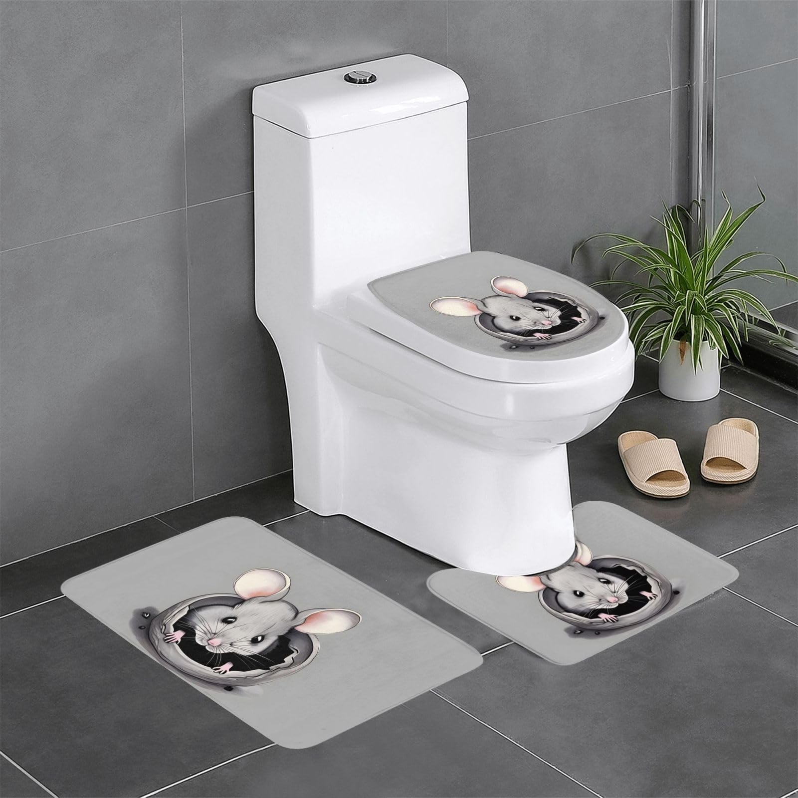 Juego de 3 alfombras de baño de 24 x 16 pulgadas Grey Rat Prints de felpa gris