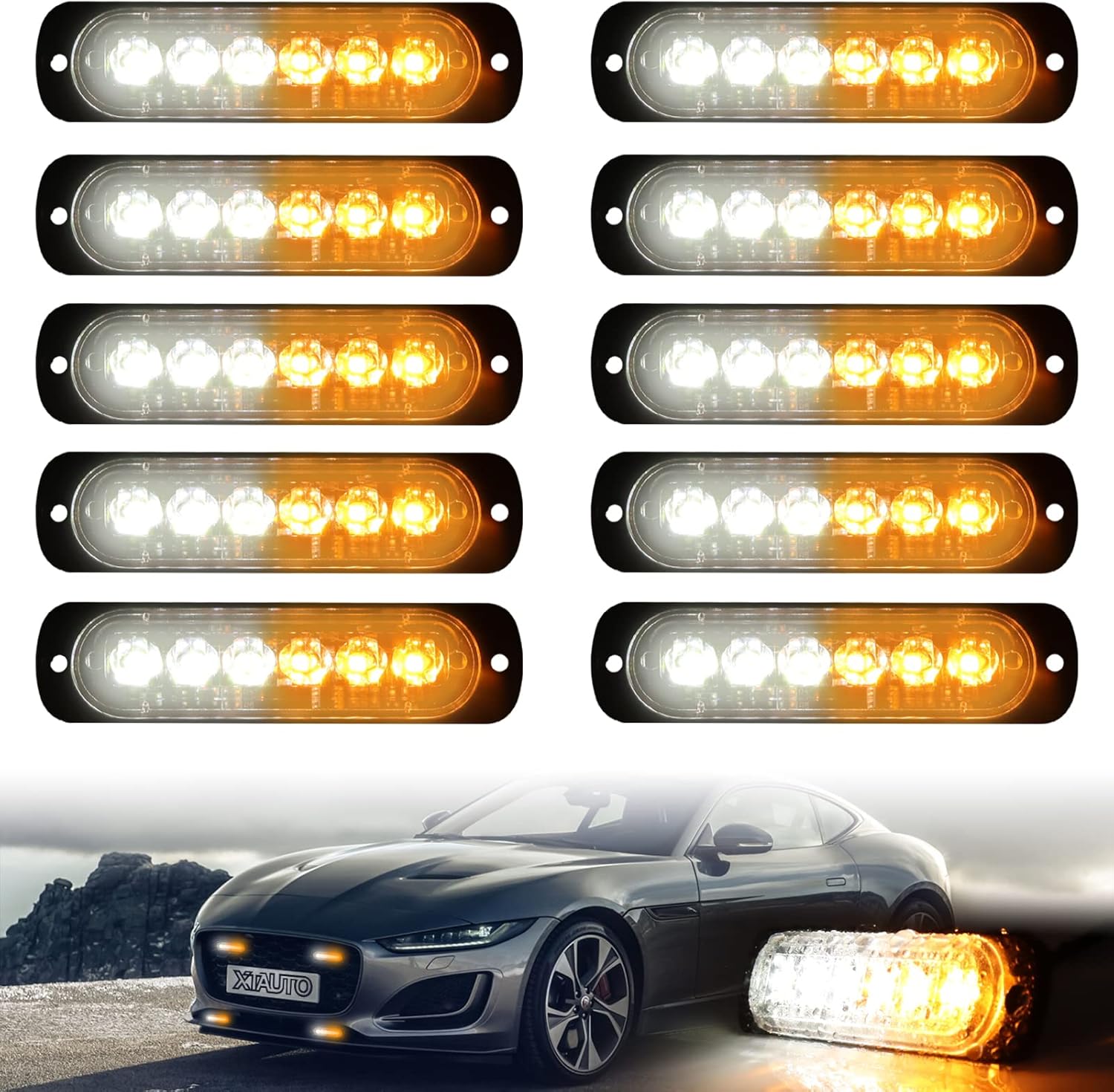 10pcs LED Emergency Strobe Mild, Amber White 6-LED Extremely Slim Floor Mount Flashing Warning Hazard Warning Mild Bar for Automotive Truck Off Street Autos